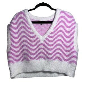 Kendall + Kylie Small Pink White Fuzzy Chevron V Neck Short Sweater Y2K Preppy